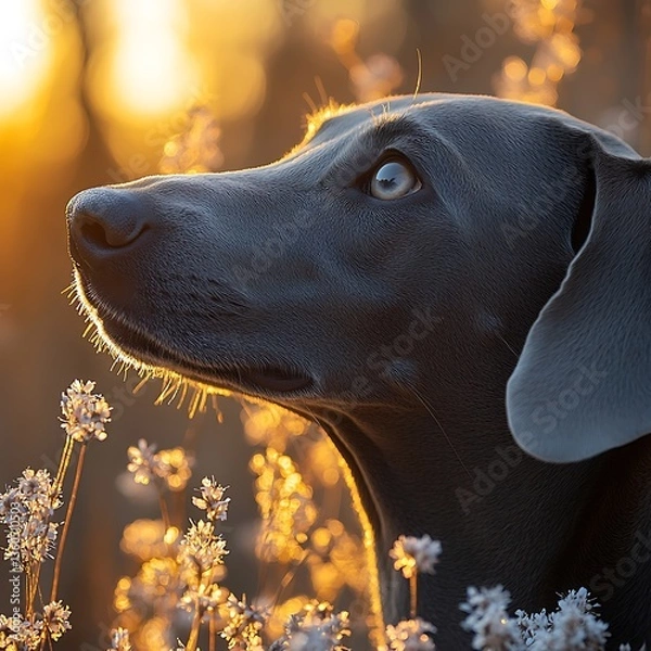 Obraz Weimaraner dog sunset portrait.