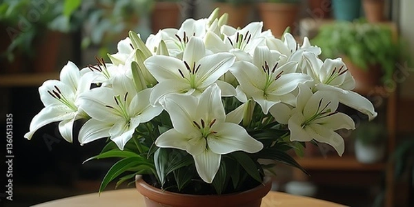 Obraz White Lilies in Pot with Home Decor.