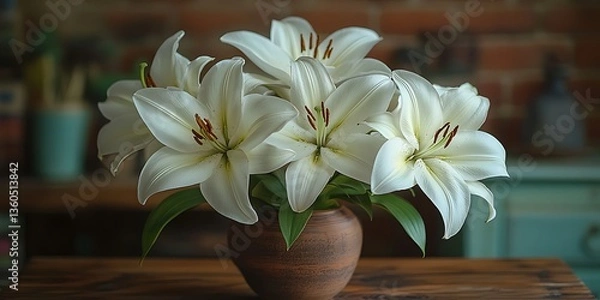 Obraz White lilies in rustic vase.