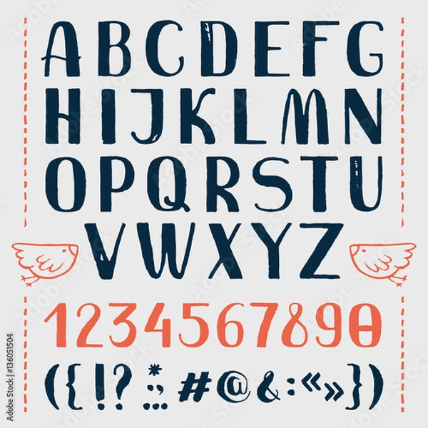 Fototapeta Hand drawn font, latin symbols, numbers and punctuation marks. Lettering vector illustration. Brush drawn, grunge style font with a uppercase letters.