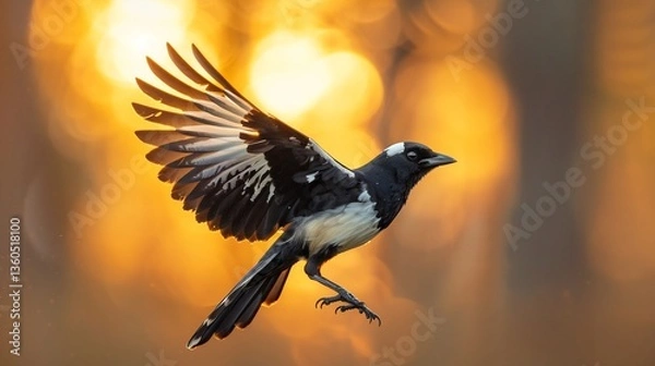 Fototapeta Side angle shot of Australian Magpie mid flight against golden sunset sky powerful wing fully extended displaying bold black white plumage precision soar gracefully over open field warm hue of setting