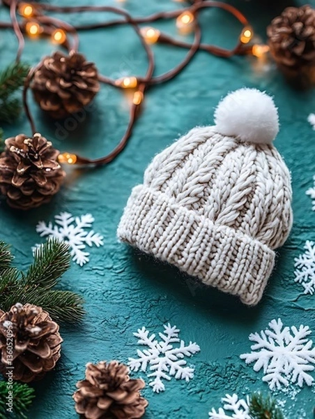 Obraz Winter hat with pine cones, and lights.