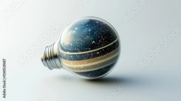 Fototapeta A surreal glass bulb encapsulates a miniature solar system, Saturnâ€™s rings prominent, evoking a cosmic wonder where galaxies exist inside everyday objects, isolated on a white.