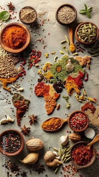 Fototapeta Abstract world map of spices and spices on gray background, emphasizing the diversity of flavors. Background for culinary blogs, restaurant menus, travel guides.