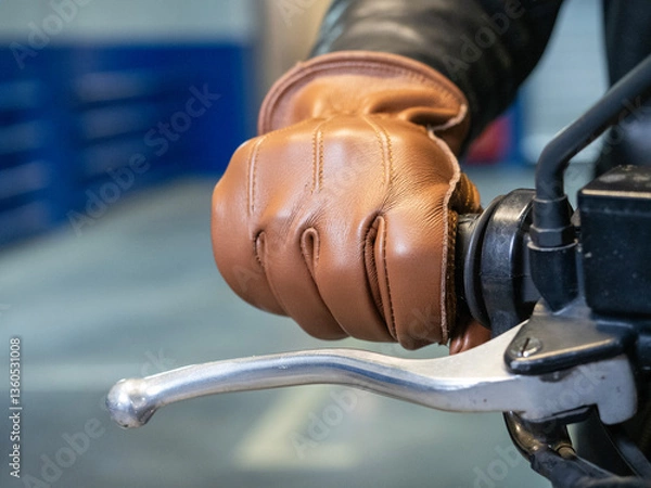 Fototapeta close-up of a motorcyclist's hand dressed in a brown leather glove