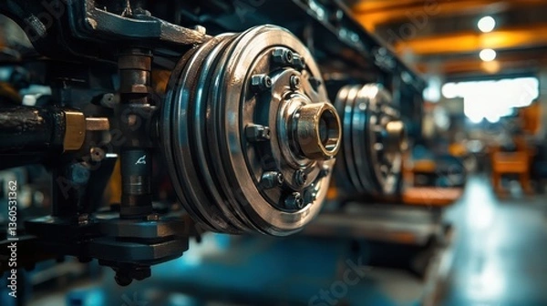 Fototapeta A detailed close-up of a semi-truck axle, showcasing its intricate pneumatic system in a mechanical workshop.