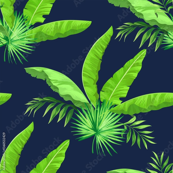 Fototapeta Green tropical palm leaves seamless vector pattern on the black background. Trendy summer print.	
