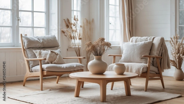Fototapeta Serene sanctuary: Two light linen armchairs flanking a low wooden coffee table, bathed in soft natural light, create a calming and peaceful atmosphere.