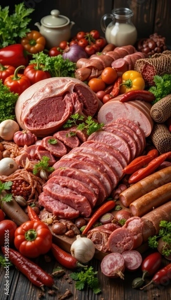 Fototapeta Fresh Assortment of Meats and Vegetables on Wooden Table Surface