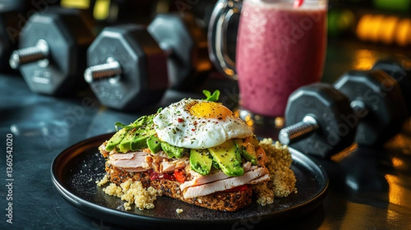 Obraz Protein-Packed Avocado Toast with Poached Egg and Smoothie – A Fitness Breakfast