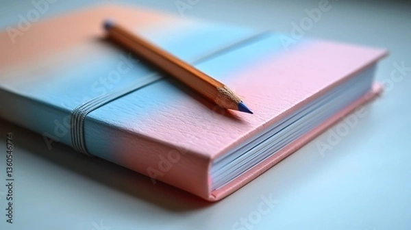 Fototapeta Elegant pink and blue notebook journal with pencil, perfect for writing, planning, and organizing thoughts and ideas.