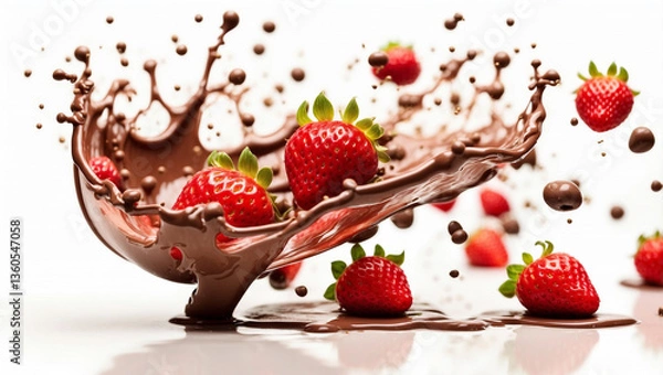Fototapeta Falling Strawberry with Chocolate Splash Isolated on a White Background for Dessert and Culinary Art