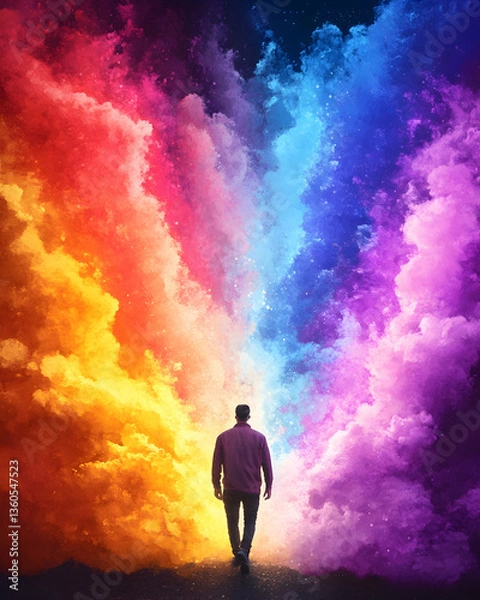Fototapeta Man walks toward vibrant, colorful, celestial cloudscape