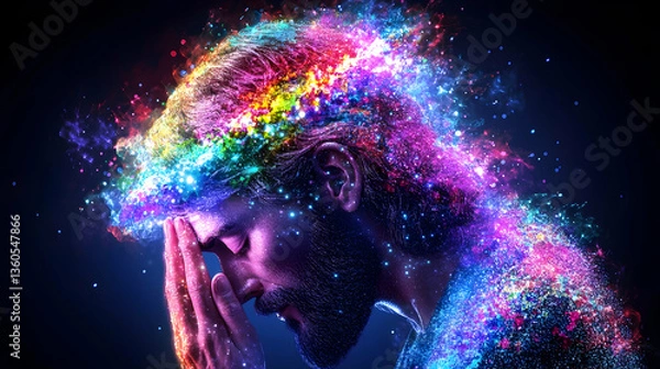 Fototapeta Man's Colorful Mind Exploding in Darkness