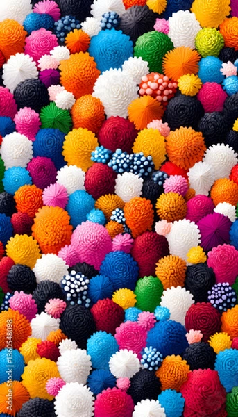 Fototapeta Many colorful pom-poms spread across entire frame for a vibrant textured abstract