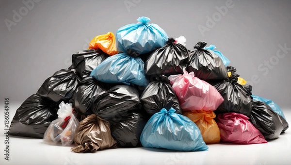 Fototapeta A Pile of Garbage Bags Isolated on a White Background for Waste Management