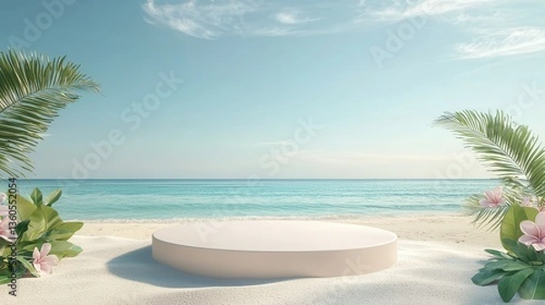 Fototapeta sand beach sea ocean dais empty podium background for product display. summer platform stage pedestal banner for beauty spa sun body care product presentation, summer drink.