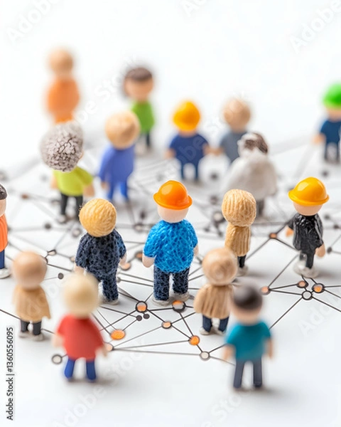 Fototapeta Miniature figures networking on white background