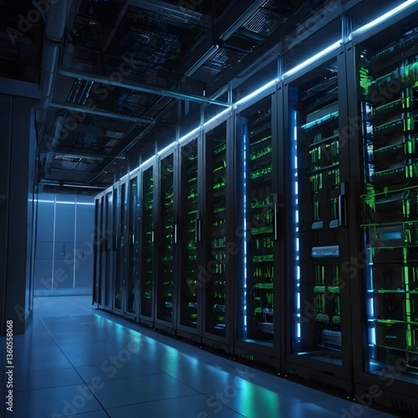 Fototapeta Realistic digital illustration of a modern data center, illuminated by blue and neon lights, showcasing server racks and advanced cooling systems. AI-generated artwork, no people present.