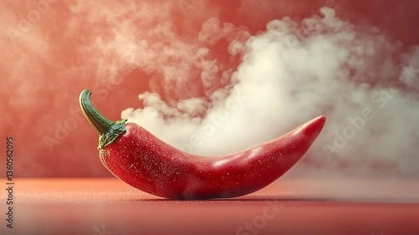 Fototapeta Steaming Red Chili Pepper on Red Background, A single red chili pepper with steam rising against a red background