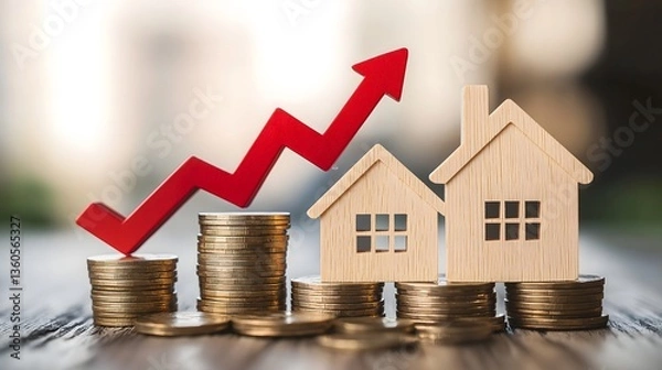 Fototapeta Small wooden houses beside stacks of coins with an upward trend line indicating growth in real estate value and investment potential during economic recovery