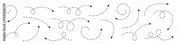 Fototapeta Curved dotted arrow. Collection of dashed curved hand drawn arrows. Zigzag arrow stripes design with dotted lines.