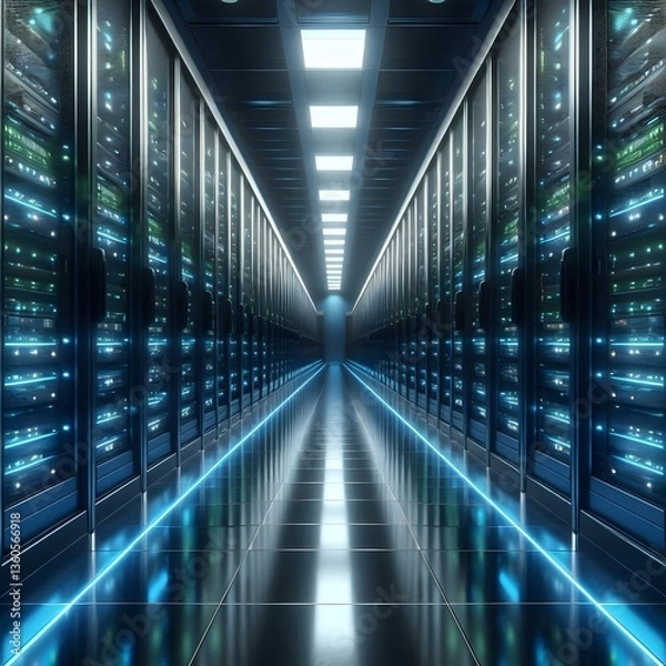 Fototapeta Realistic digital illustration of a modern data center, illuminated by blue and neon lights, showcasing server racks and advanced cooling systems. AI-generated artwork, no people present.