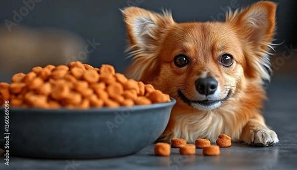 Fototapeta Cute dog with bowl of kibble.