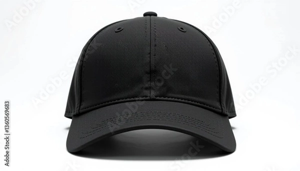Obraz Black baseball cap mockup front view, isolated cutout object with shadow on transparent background.