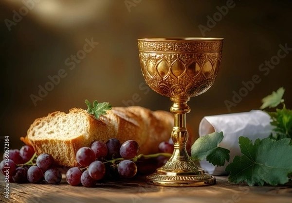 Obraz Golden chalice with grapes, bread, and parchment in a warm setting symbolizing communion, celebration, and tradition of sharing food and drink.