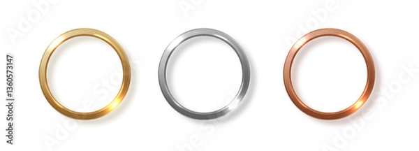 Obraz Metal circle isolated. Gold silver and bronze blank medals, button, emblem, label, frame, border. Luxury golden vector realistic PNG