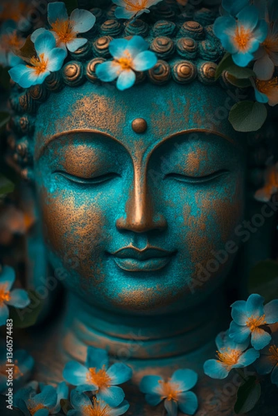 Obraz Buddha face radiates tranquility amidst turquoise blooms in serene close-up capture