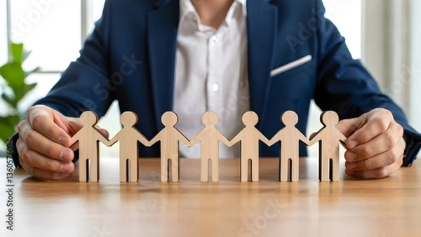 Fototapeta Businessman in a blue suit seated at a desk, holding small wooden figures arranged side by side to represent unity and teamwork.