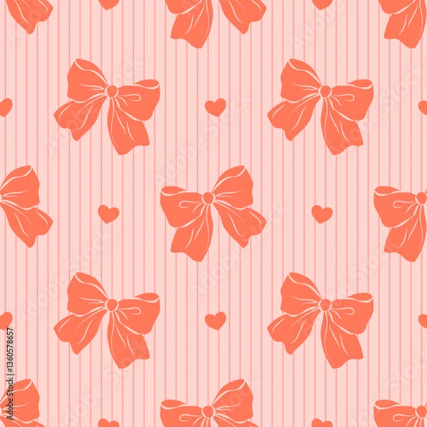 Fototapeta seamless pattern with cute red bow on pink background. Hand drawn vector illustration. Perfect for wedding design, party decoration, wrapping paper and textile