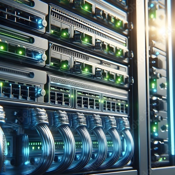 Fototapeta Realistic AI-generated illustration of a close-up server rack in a modern data center, illuminated by blue and neon lights, showcasing cables, cooling vents, and blinking LEDs. No people present.