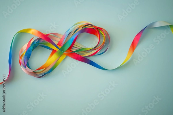 Fototapeta Autism acceptance month, Autism awareness day concept. Rainbow colors ribbons in shape of infinity loop on blue background. Infinity is symbol of autism disorder, adhd, neurodiversity