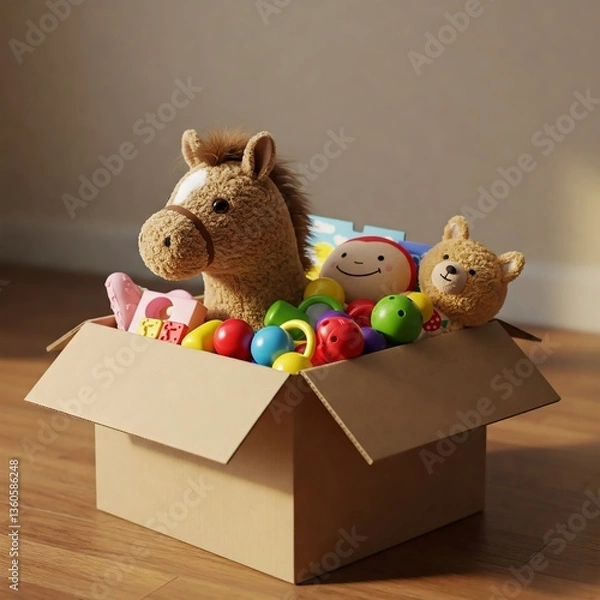 Fototapeta A cute plush horse peeks out of a cardboard box filled with children's toys for an orphanage. Warm, soft lighting, detailed textures, and a photorealistic 1:1 composition.