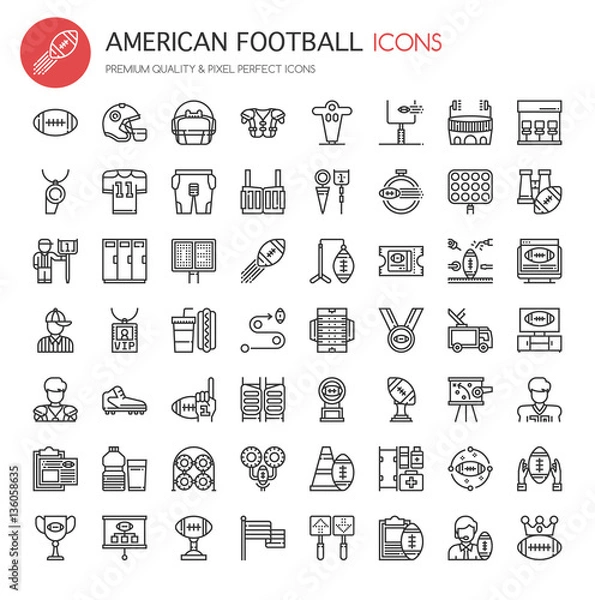 Obraz American Football Elements , Thin Line and Pixel Perfect Icons