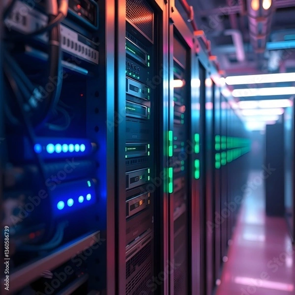 Fototapeta Realistic AI-generated illustration of a close-up server rack in a modern data center, illuminated by blue and neon lights, showcasing cables, cooling vents, and blinking LEDs. No people present.