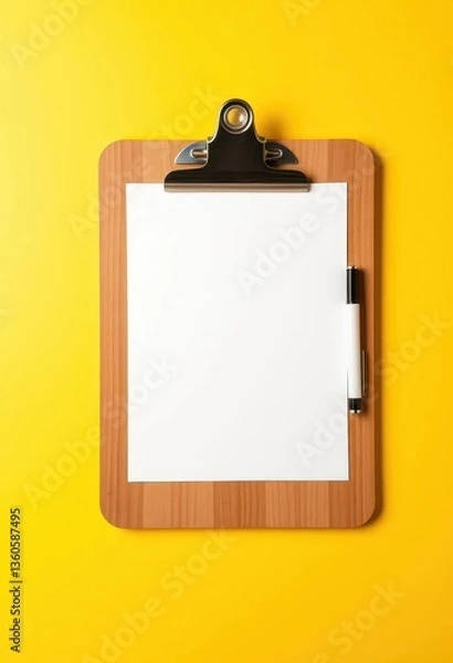Obraz Wooden clipboard with blank white paper and pen on yellow background, pen, vintage, empty