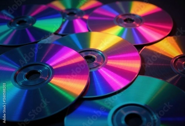 Fototapeta Vibrant array of compact discs reflecting iridescent light