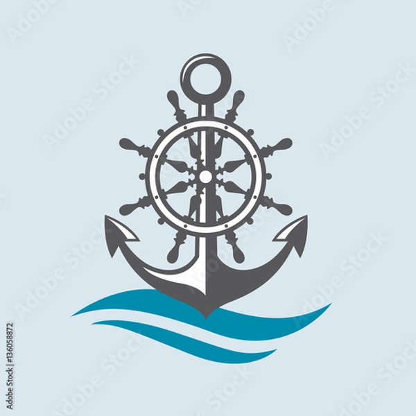 Obraz nautical emblem of anchor, compass and sea waves
