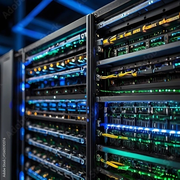 Fototapeta Realistic AI-generated illustration of a close-up server rack in a modern data center, illuminated by blue and neon lights, showcasing cables, cooling vents, and blinking LEDs. No people present.