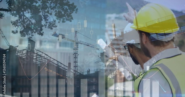 Obraz Analyzing building site, construction workers in safety gear using digital graphs