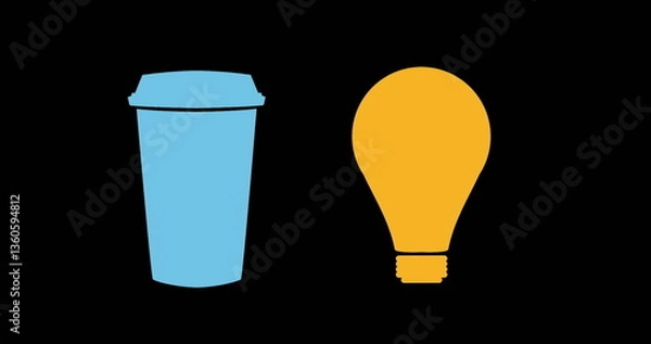 Obraz Blue coffee cup and yellow light bulb on black background, symbolizing creativity