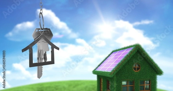 Obraz House-shaped keychain with keys floating near eco-friendly home with solar panels