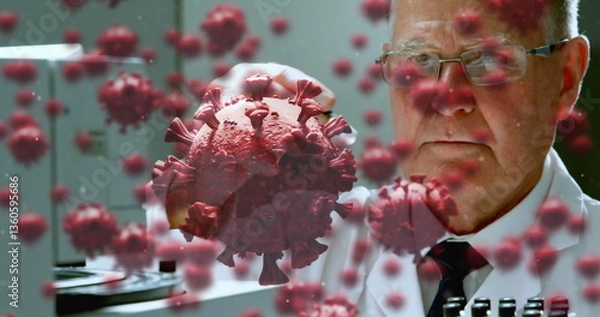 Fototapeta Scientist in laboratory examining virus model, focusing on research and analysis