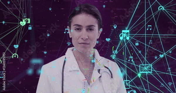 Fototapeta Doctor in lab coat surrounded by digital interface graphics, exploring technology