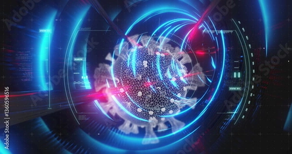 Fototapeta Displaying vibrant blue lights, futuristic digital interface showing global network connections