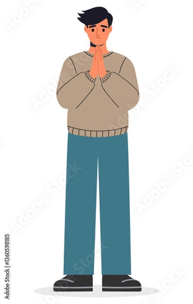 Fototapeta Young man in casual clothes pray with his hands folded in a gesture of apology. Apologize or say sorry, regret for what happen asking for forgiveness concept. Flat vector illustration isolated on